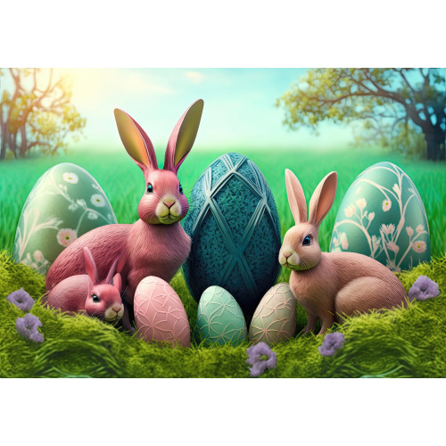Puzzle personalizat, Oktane, Easter Bunnies with Decorated Eggs and purple flowers in the Field, suprafata din carton, A4, 120 piese